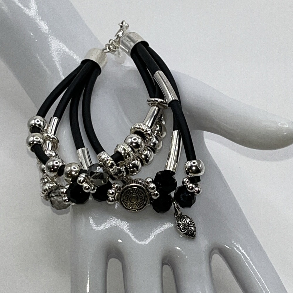 Vintage SAQ Bracelet Multi Strand Marked‎ Silver Tone Faceted Glass Beads Chic